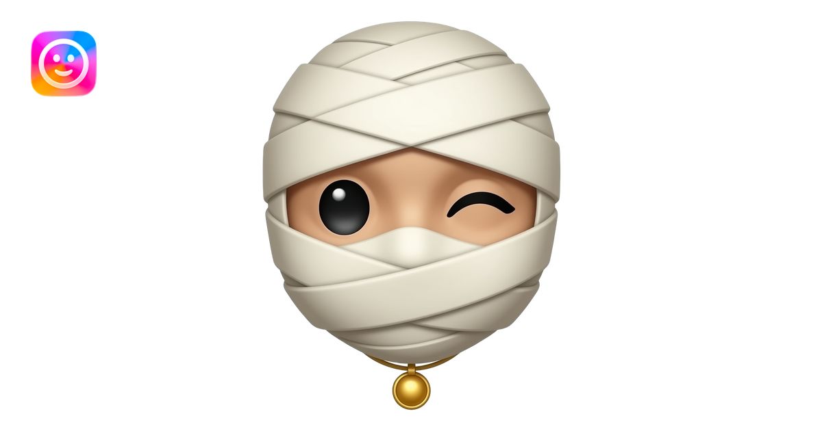 “3D mummy emoji face peeking through soft white bandages, playful wink ...