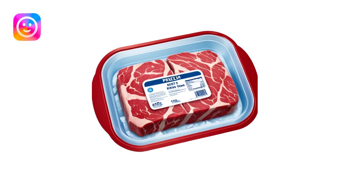 A vacuum-sealed plastic tray of frozen beef steaks, with visible frost ...