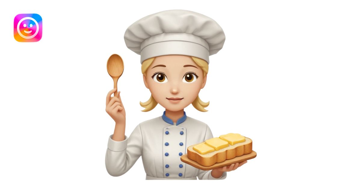 Young female baker - white chef hat, spreading butter on bread emoji ...