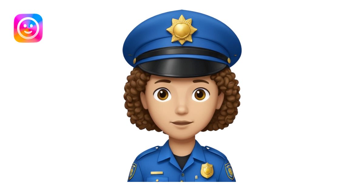 a cartoon-style avatar of a police officer with curly brown hair ...