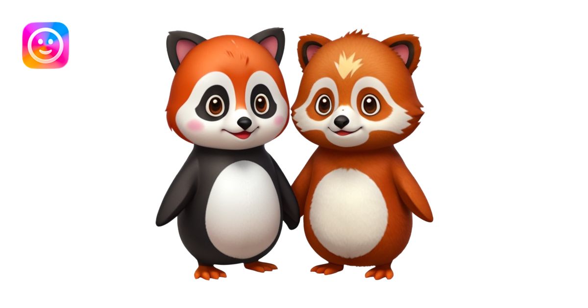 A cartoon cute one penguin and one red panda holding 