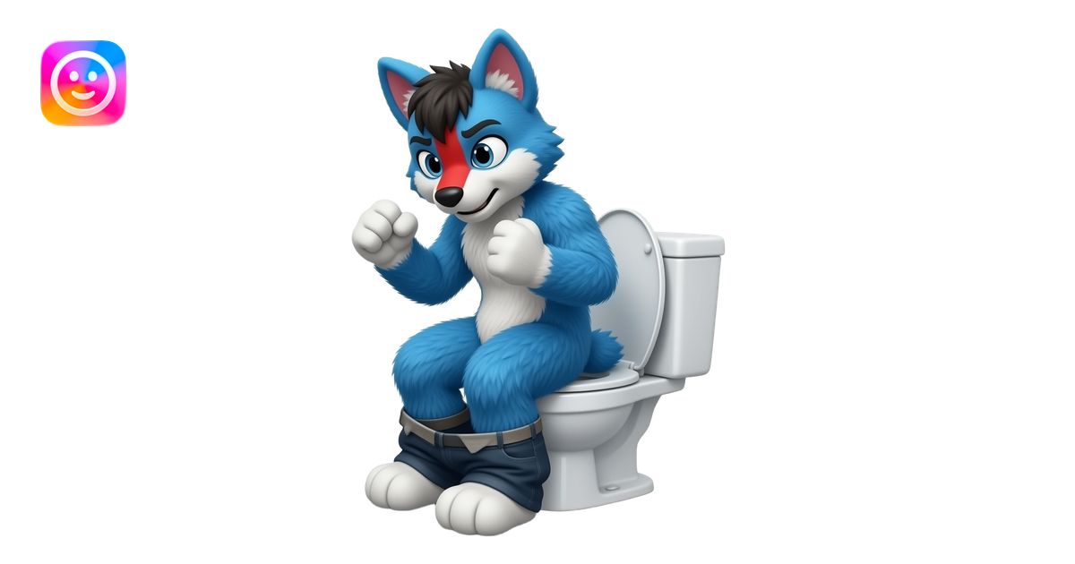 blue fursuit sitting on toilet, side view, pants down, straining, red ...