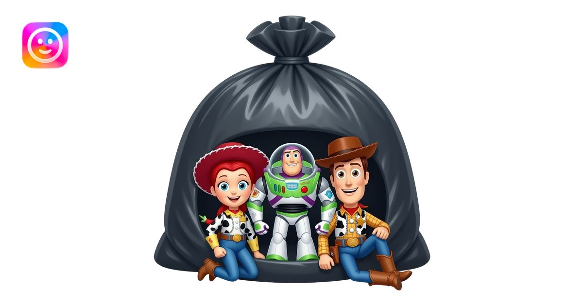 Jessie Buzz and Woody from Toy story in a black trash bag emoji | AI ...