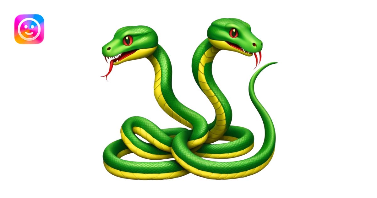 Two green snakes tangled at their tails, facing each other and hissing ...