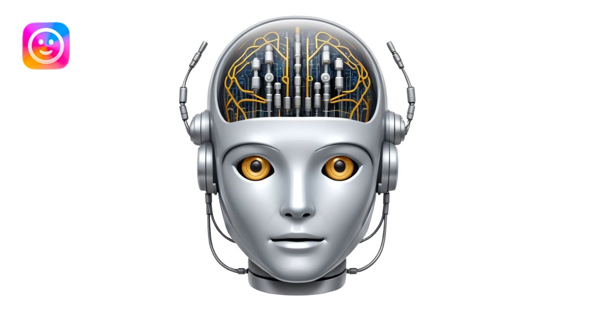 An icon featuring a humanoid robot head, neural network connections ...