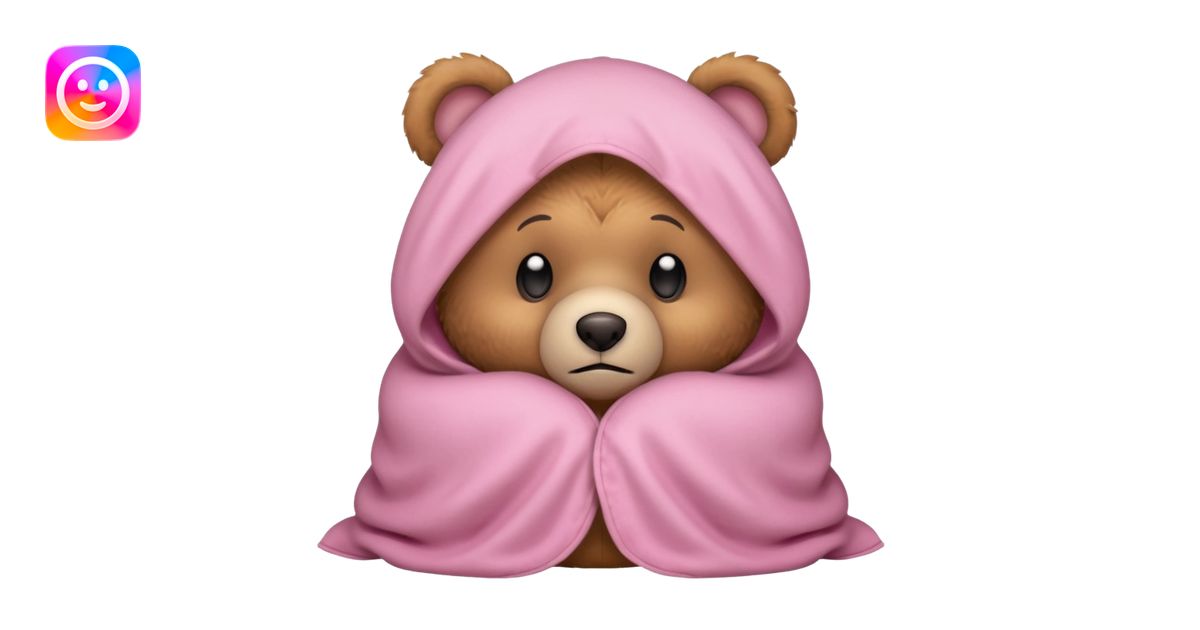 Scared teddy bear hiding under light pink covers emoji | AI Emoji Generator