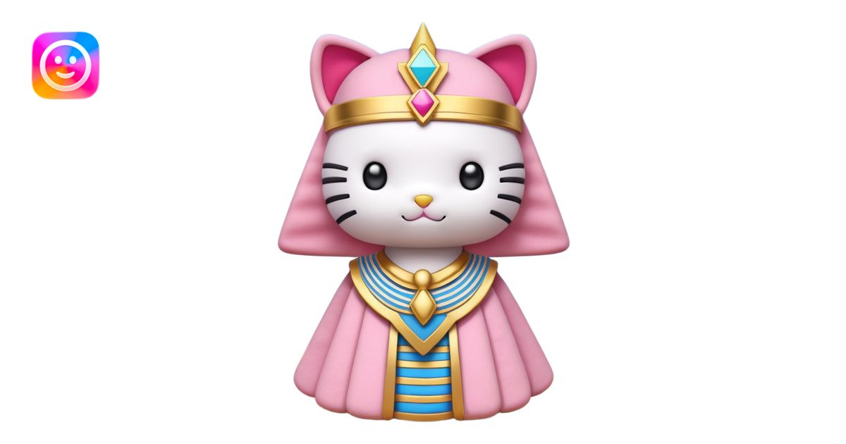 a Hello Kitty–style plush dressed as an Egyptian pharaoh, held by a ...