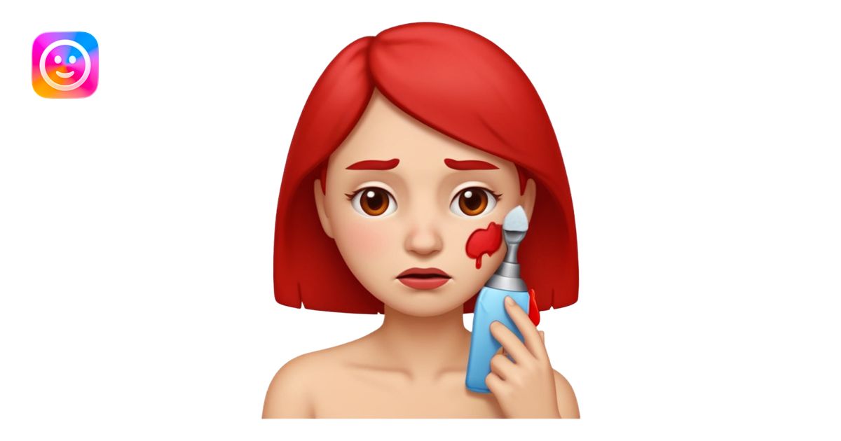 woman emoji with frown, red irritated skin on face and neck, one hand ...