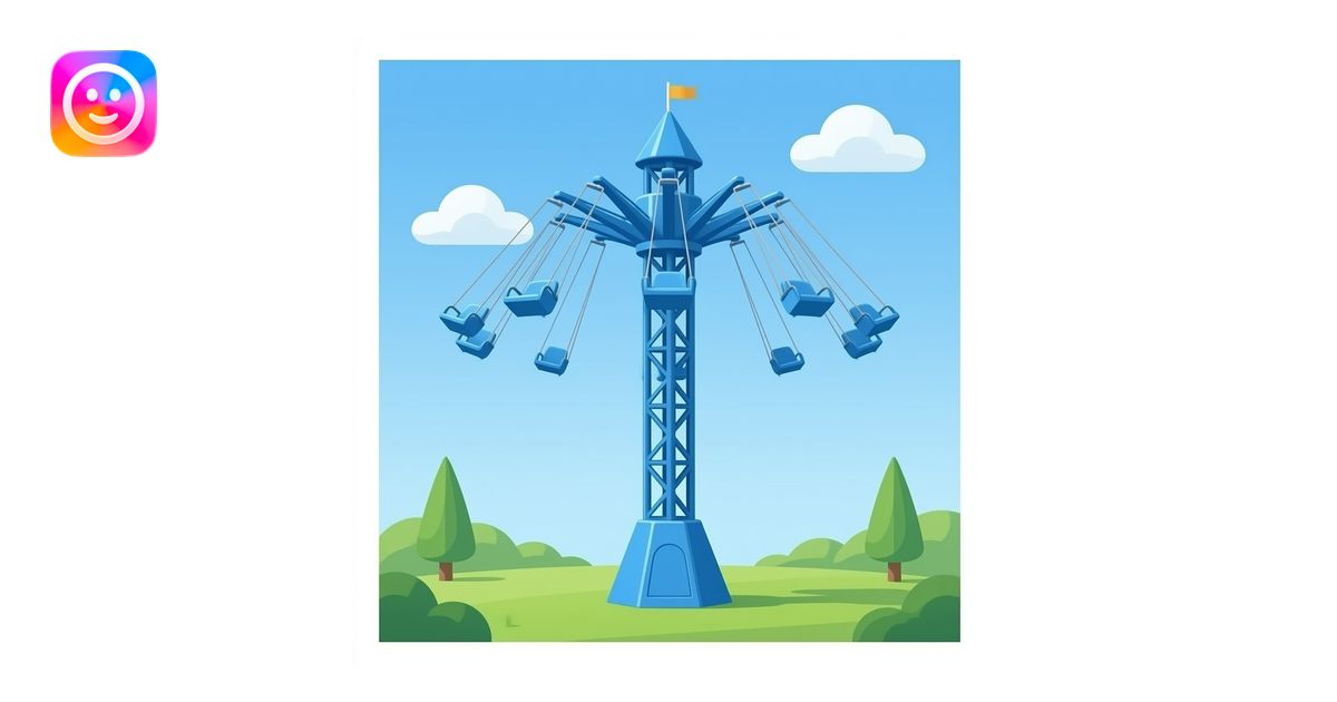 blue colored vertical drop tower ride, empty single row of 5 seats ...