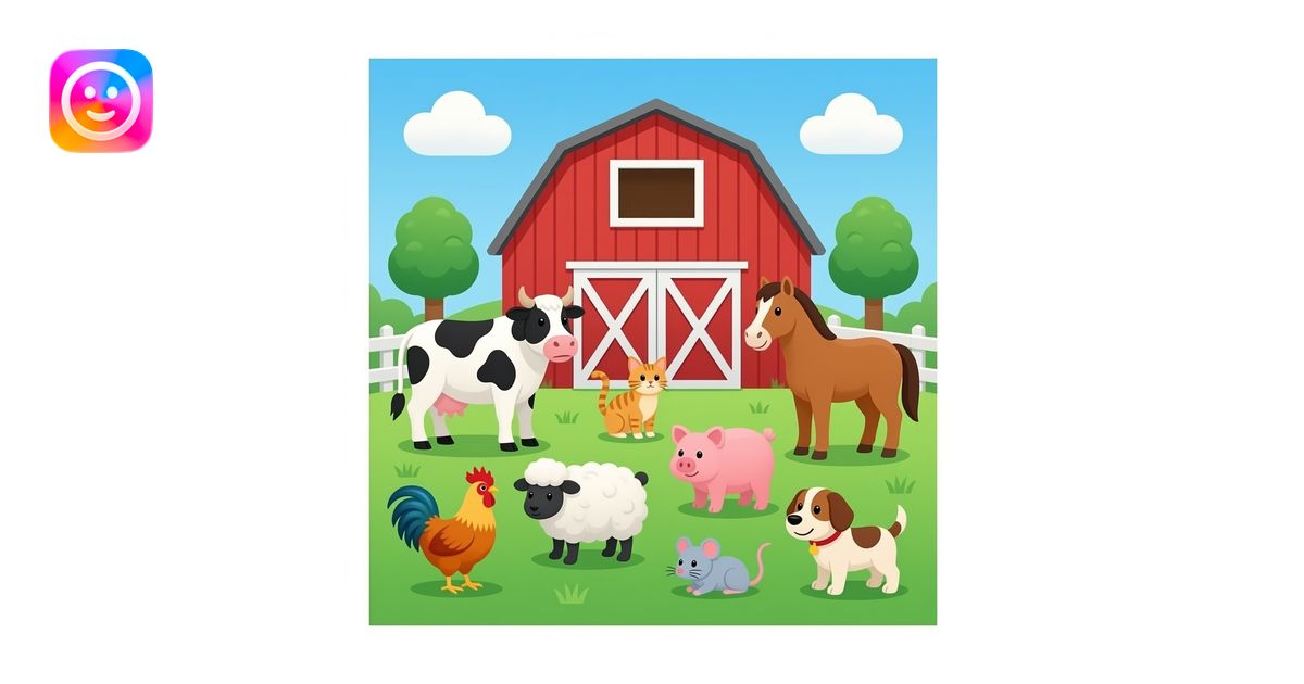 A barn with a background with, with a chicken, a cow, an ox, a horse, a ...