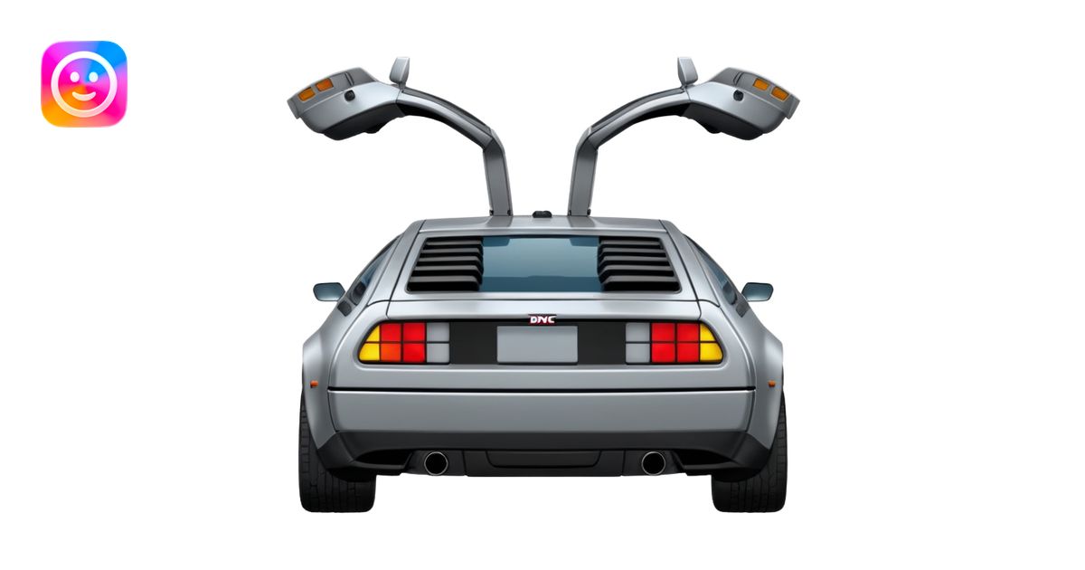 Silver DMC 12 Delorean 30 degree rear backview emoji | AI Emoji Generator