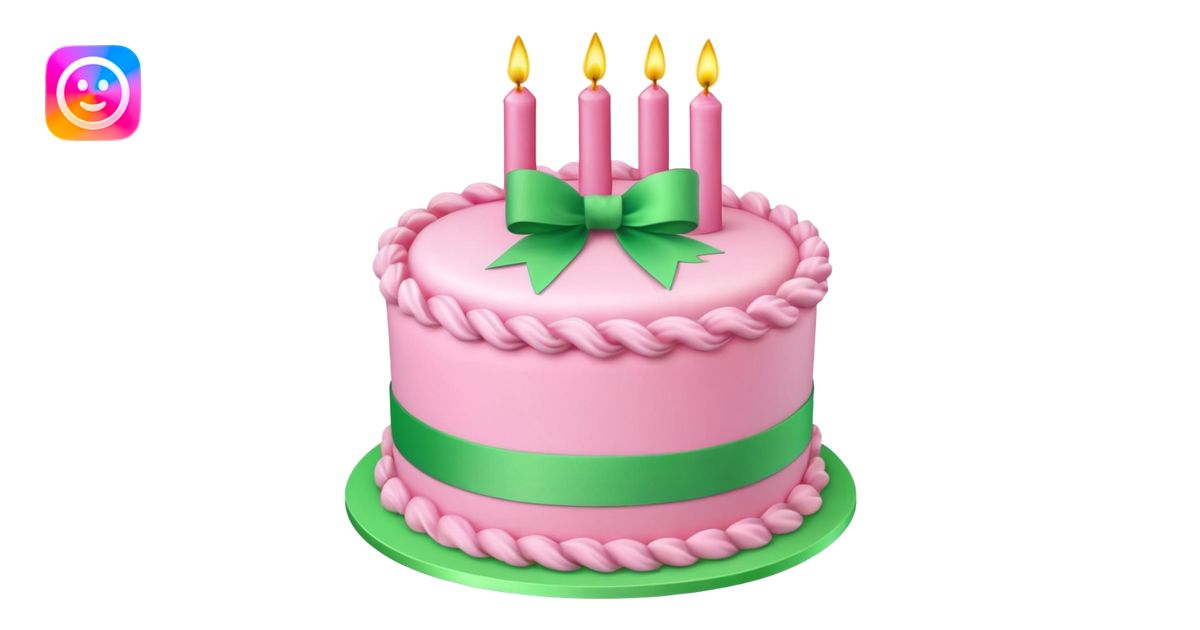 Pink Birthday cake with some green ribbons in 3D emoji | AI Emoji Generator