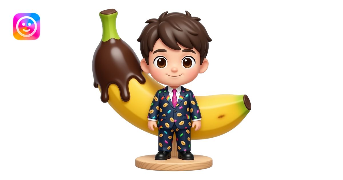 A full-body boy chibi made of a frozen banana dipped in thick, glossy ...