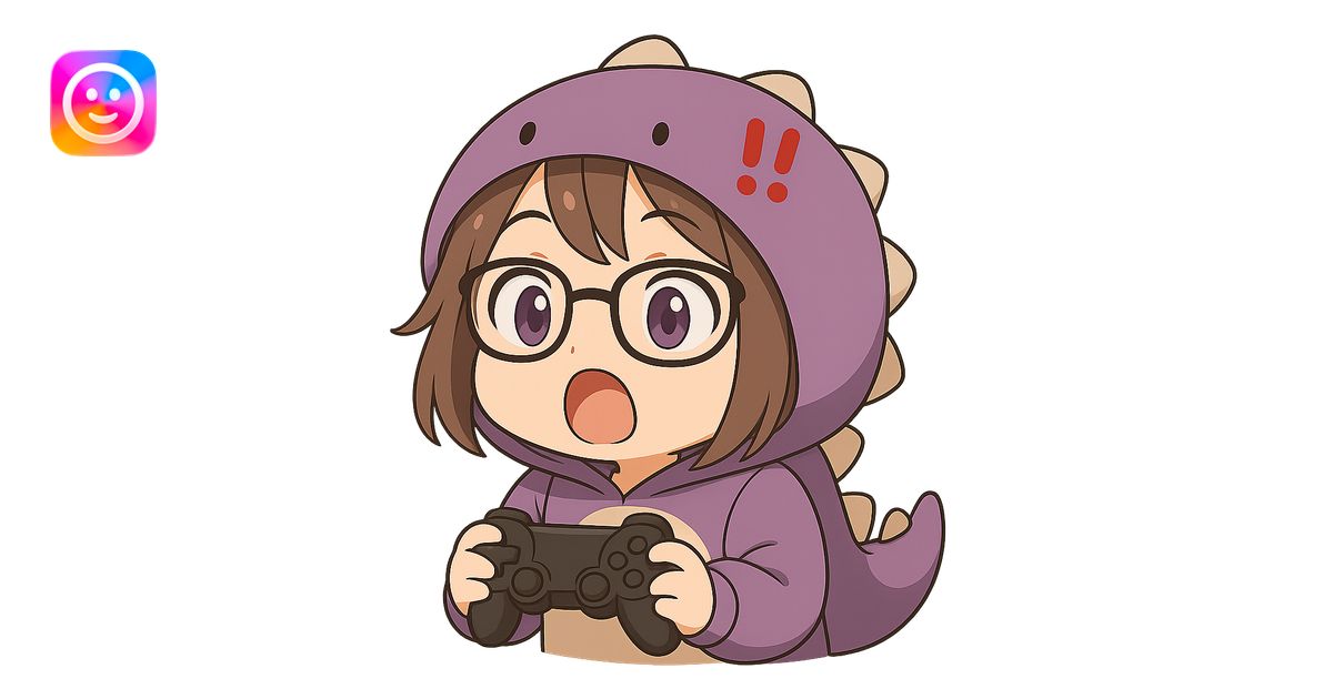 Chibi anime style gamer girl with glasses, brown hair, dark purple eyes ...