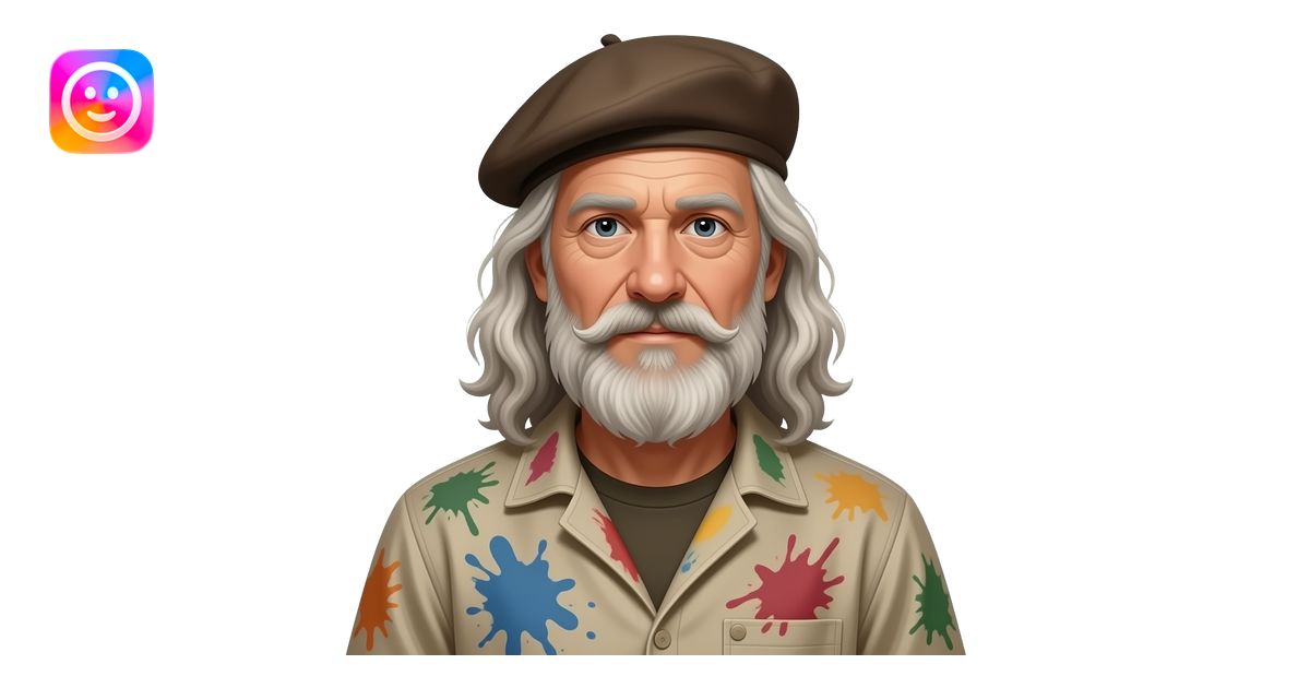 long hair old artist with beret paint-splattered smock emoji | AI Emoji ...