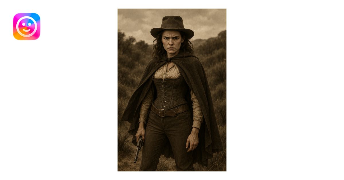 19th-century female outlaw, bushranger attire, corset, trousers, cloak ...
