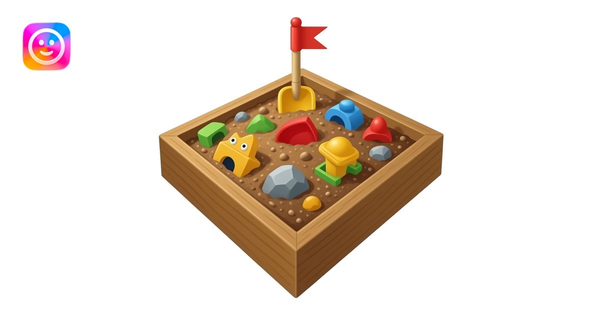 Isolated 3D Pixar-style child's sandbox filled with rich brown earth ...