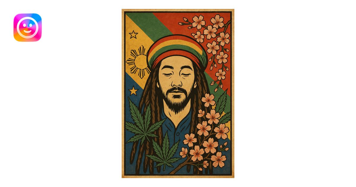 Vintage poster of an Asian Rasta with long dreadlocks, peaceful eyes ...