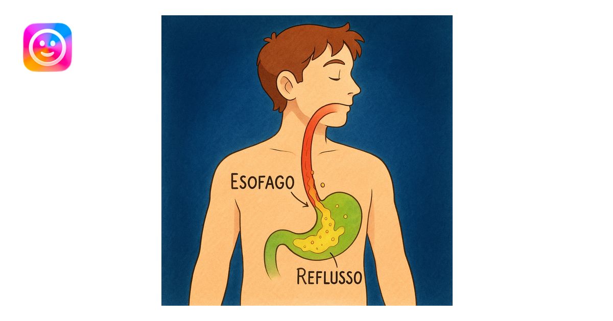 Medical illustration in Italian: stylized man, red esophagus, acid ...