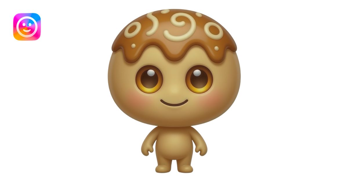 Caramel mascot with a big round head, tiny body, glossy amber eyes ...