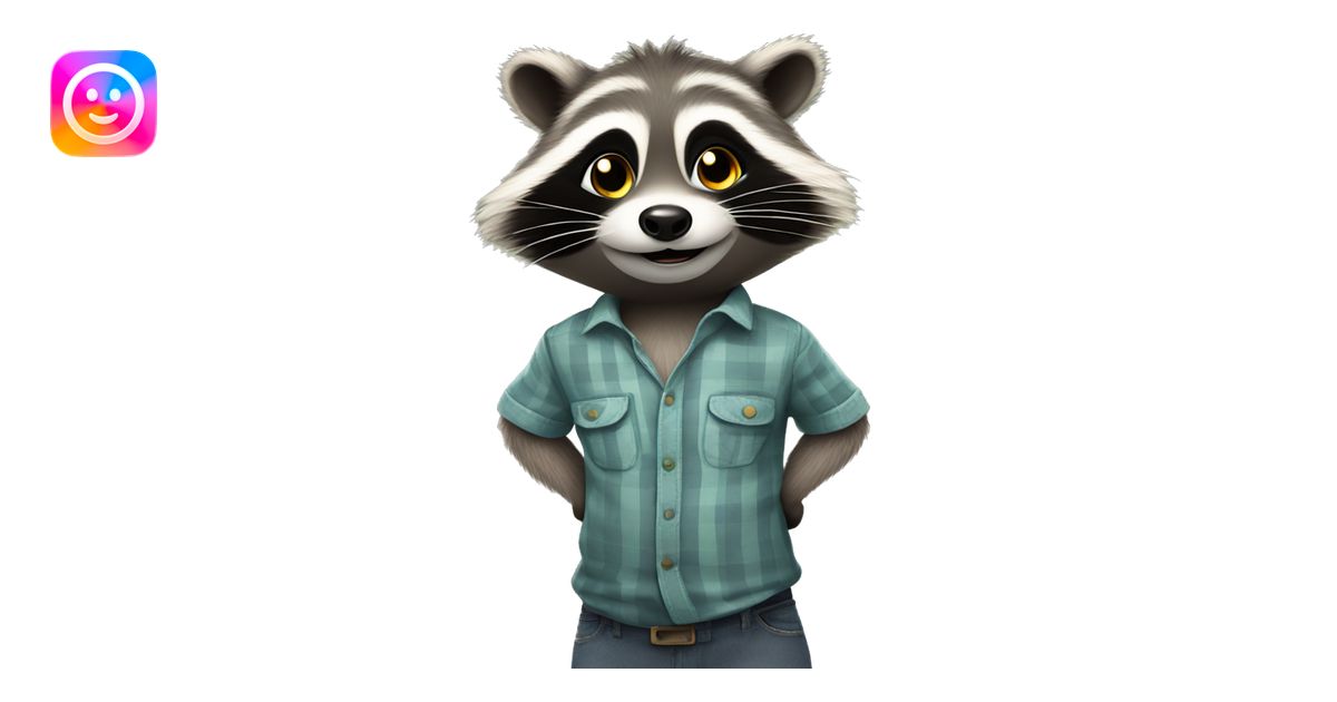 Happy Racoon in a shirt stands in full growth, stares up and thinks ...