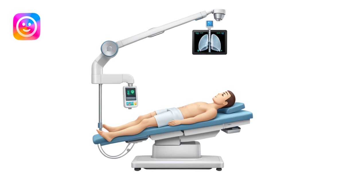 3D medical DEXA scan machine with male patient lying on examination ...