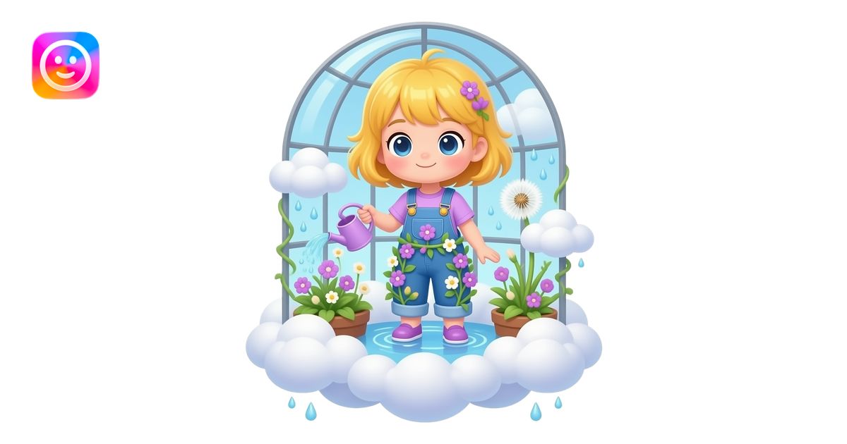 A chibi girl from a greenhouse in the clouds, full body, soft orchid ...