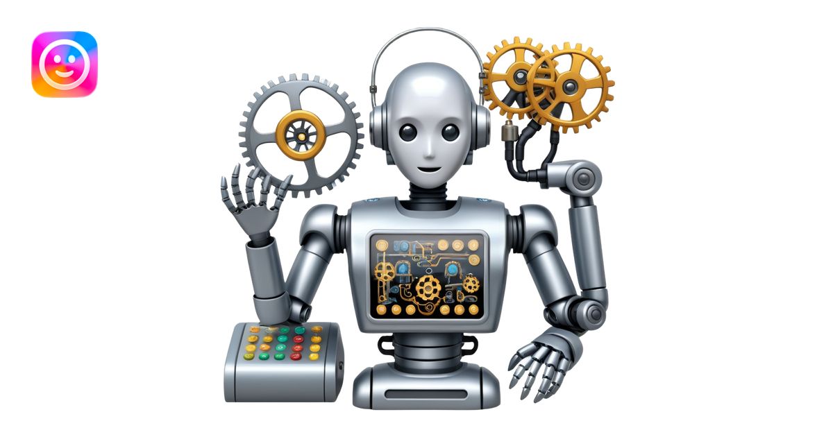 An icon featuring a humanoid robot assembling parts with robotic arms ...