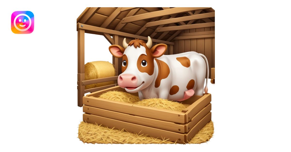 cute cow feeding scene inside a cow barn, wooden stable, hay bales ...