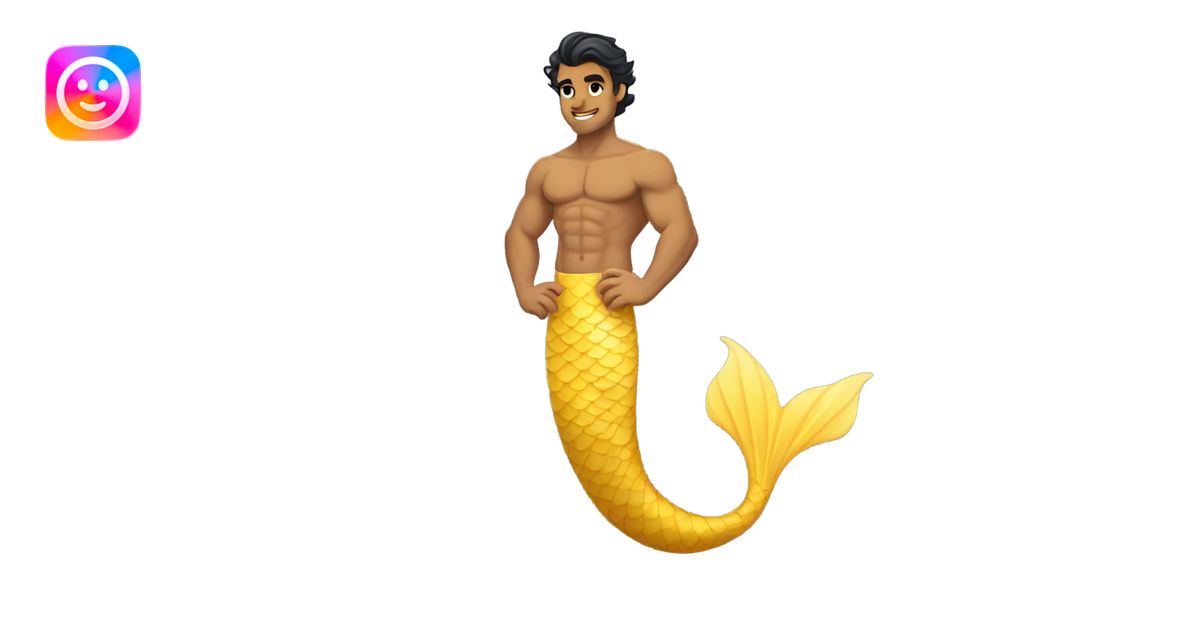 Tan muscular merman with yellow mermaid tail, dark hair and stubble ...