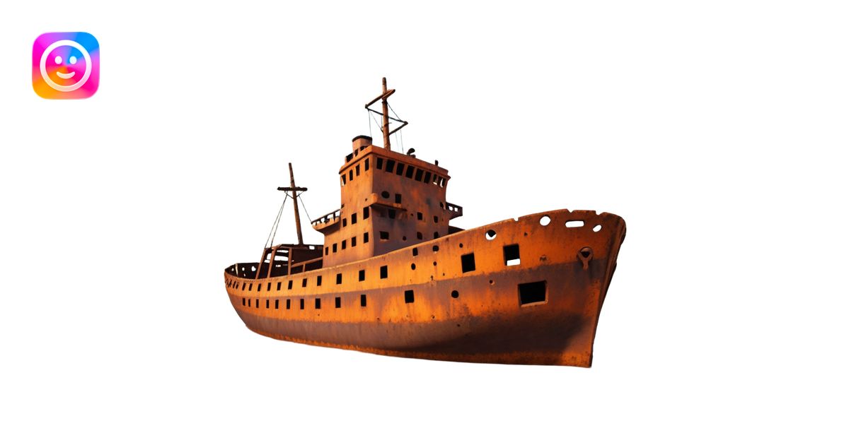 rusted ship wreck, heavily corroded metal hull, orange-brown rust ...