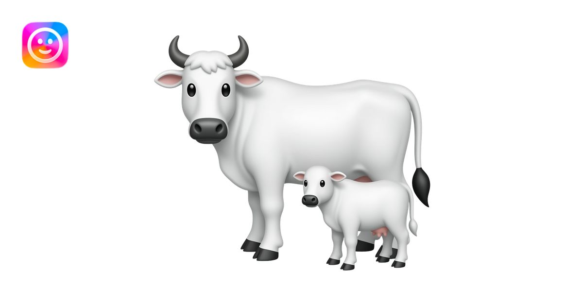 Schematic emoji of a zebu cow with a calf at its side, in white emoji ...