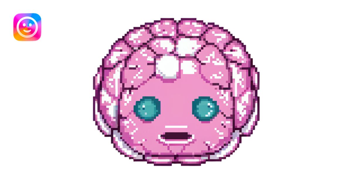 16-bit pixel art of a pink brain-shaped blob with sad droopy eyes and ...