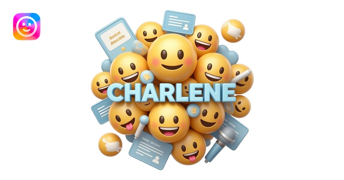 3D emoji of “CHARLENE” lettering in the center, surrounded by floating ...