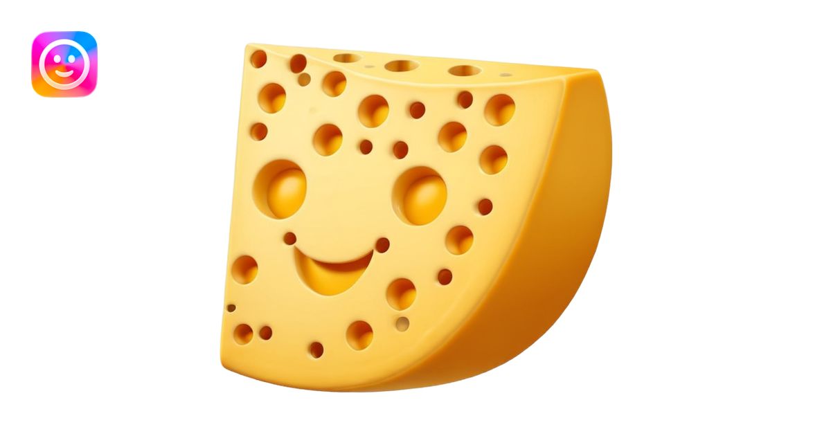 A 3D cartoon cheese wedge with holes, bright yellow tone, Memoji-style ...