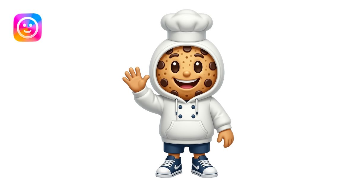 Full-body mascot of a chocolate chip cookie wearing a cozy baker ...