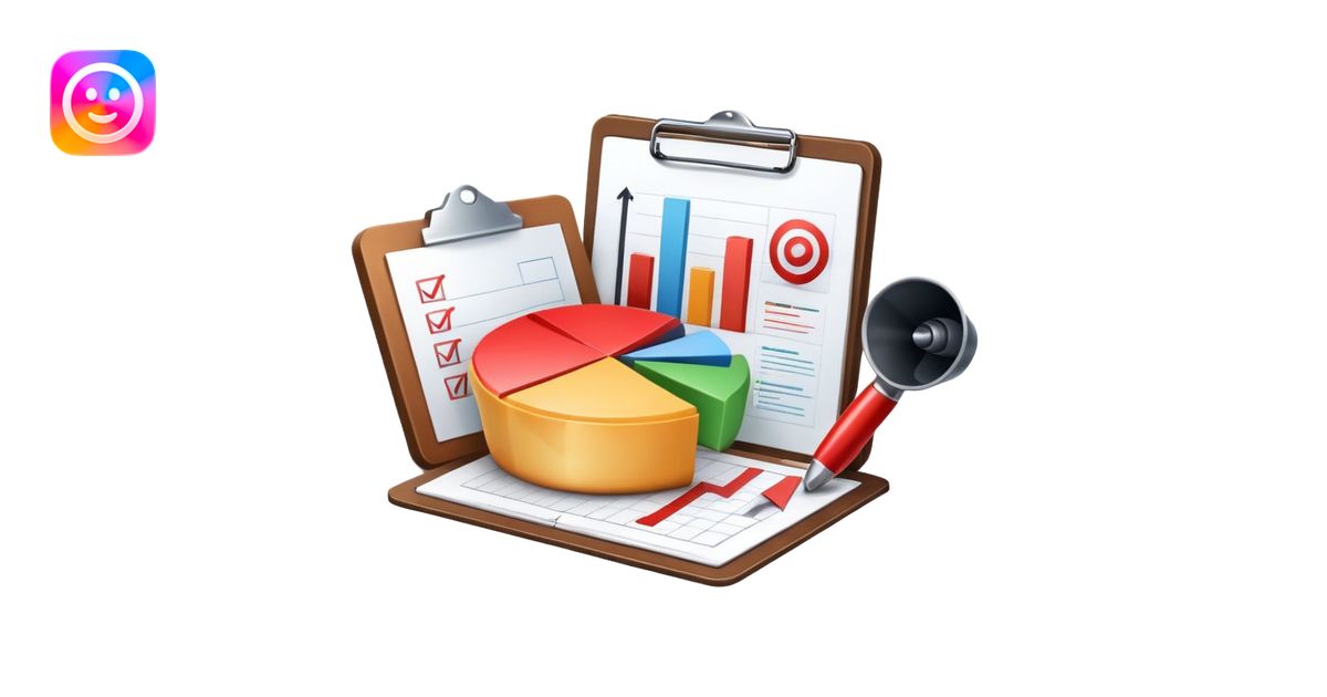 An icon featuring a pie chart, a clipboard with a checklist, and a ...