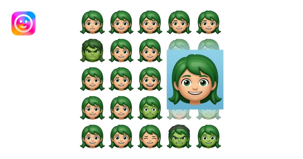 Create a 5×3 grid of identical Hulk girl emojis. Hide one different ...