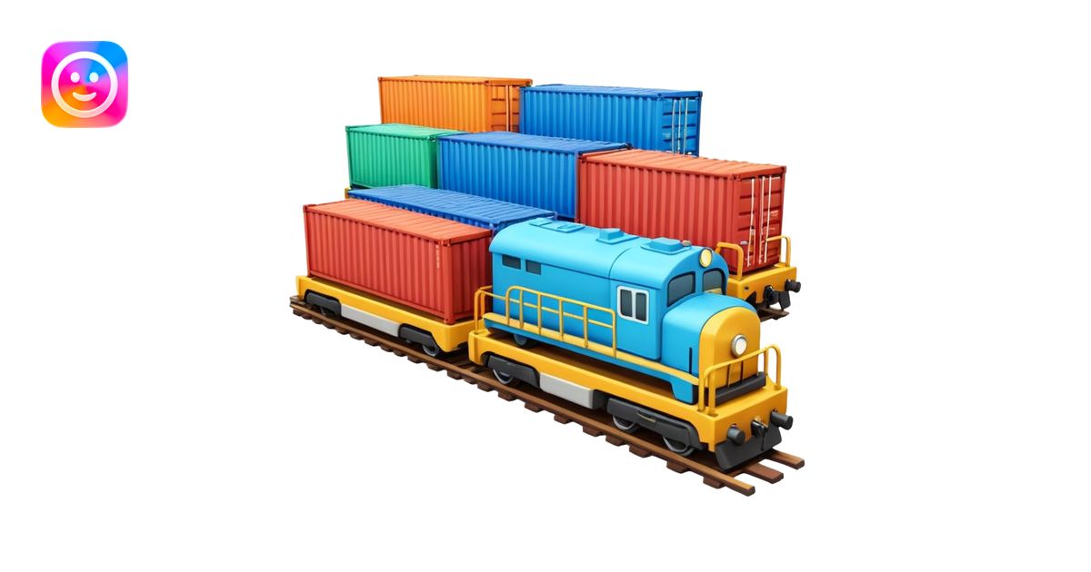 A 3D cartoon cargo train with colorful containers on flatbed cars ...