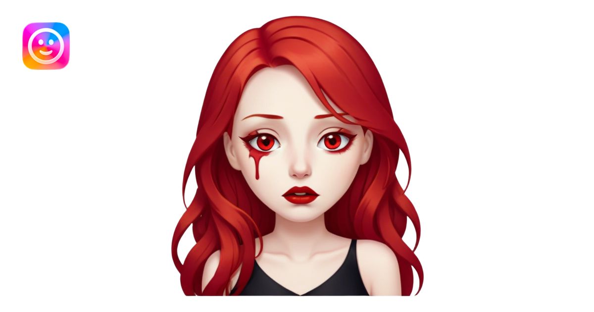 a crying woman with long red hair and red eyes. The woman wear a black ...