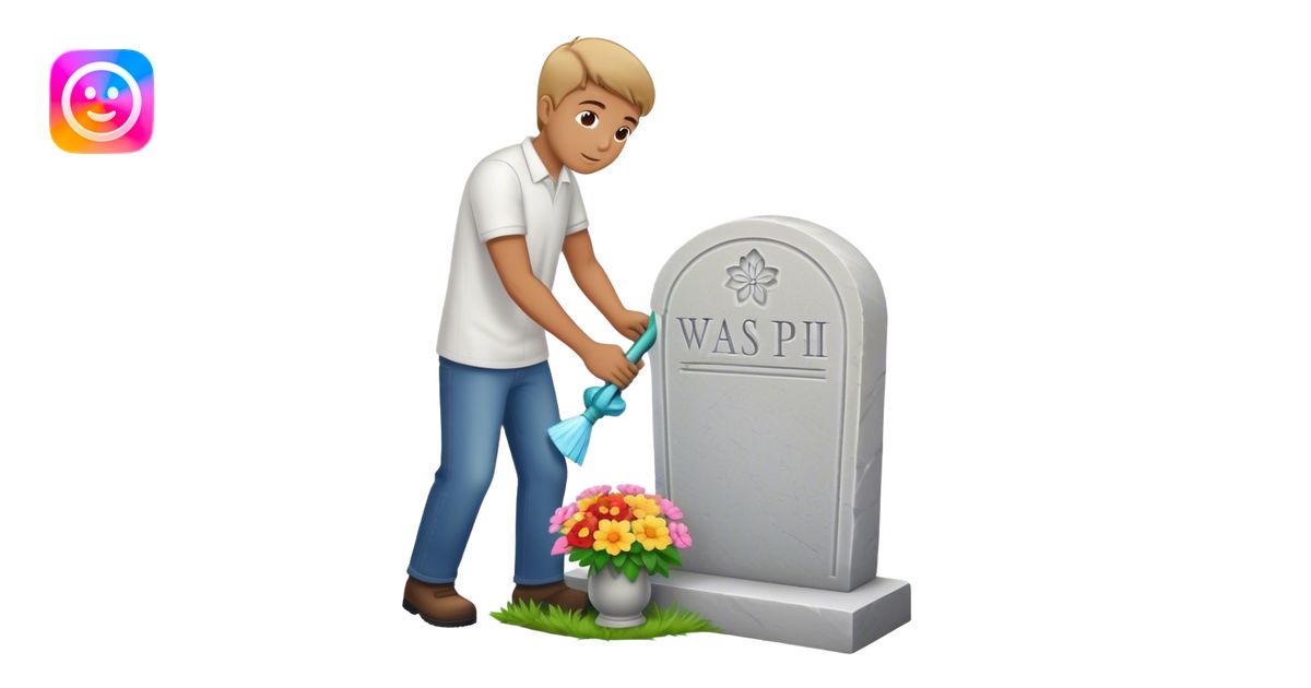 Man cleaning a headstone that has a flower vase emoji | AI Emoji Generator