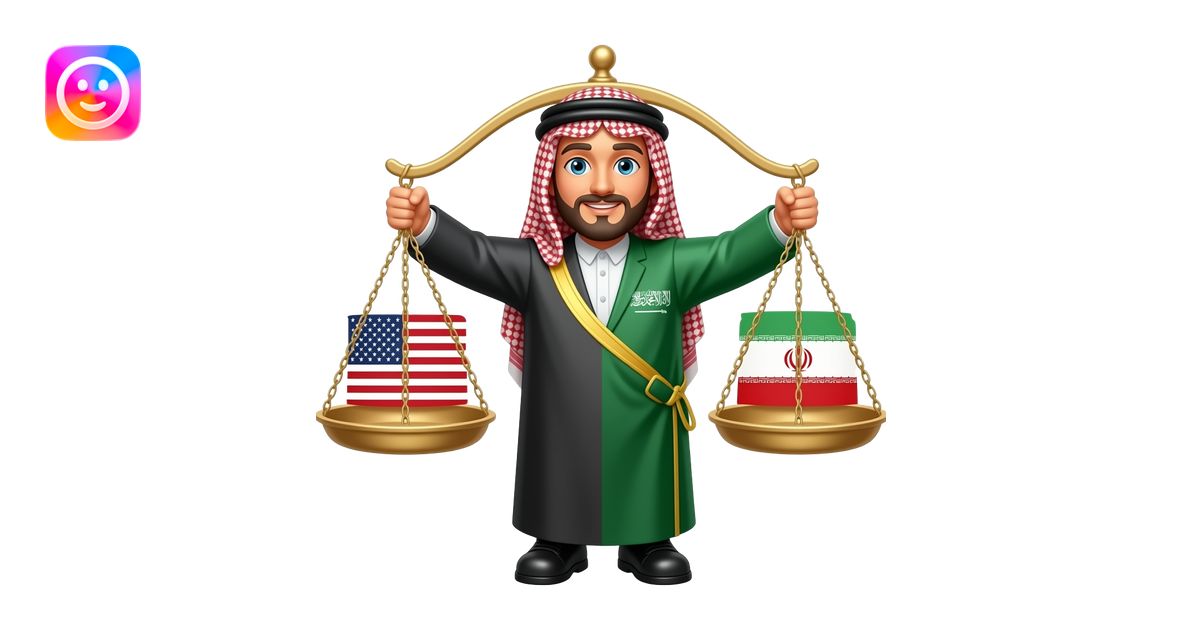 Saudi Arabia character balances two scales — 🇺🇸 USA on one side and 🇮🇷 ...