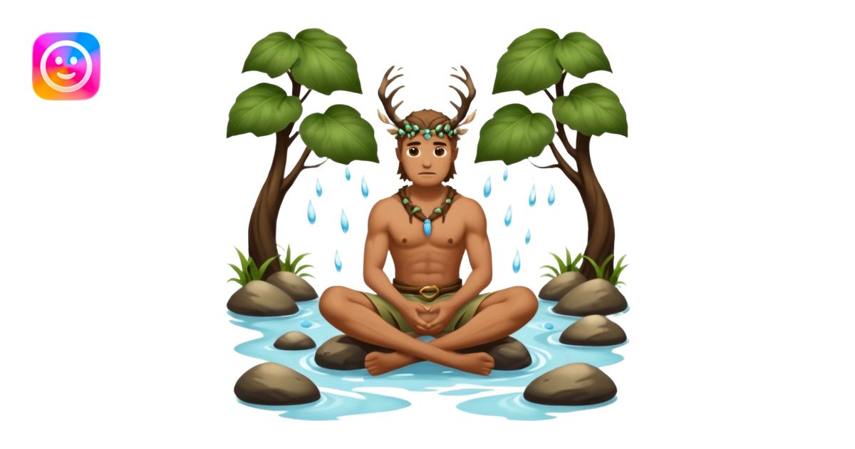 full body tan skin druid man sitting in stream, back muscles wet, moth ...