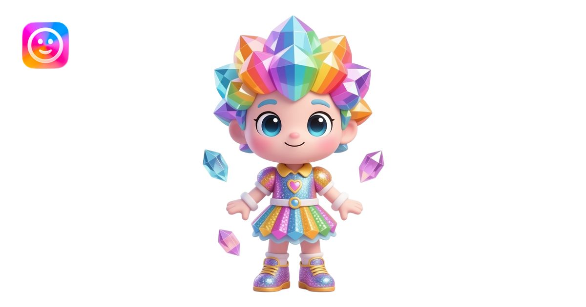 A magical rock candy mascot with a giant head and tiny body. It has ...