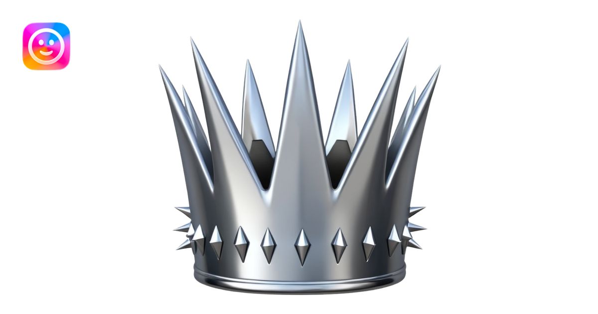 A spiked crown emoji made of silver chrome, sharp yet rounded metallic ...