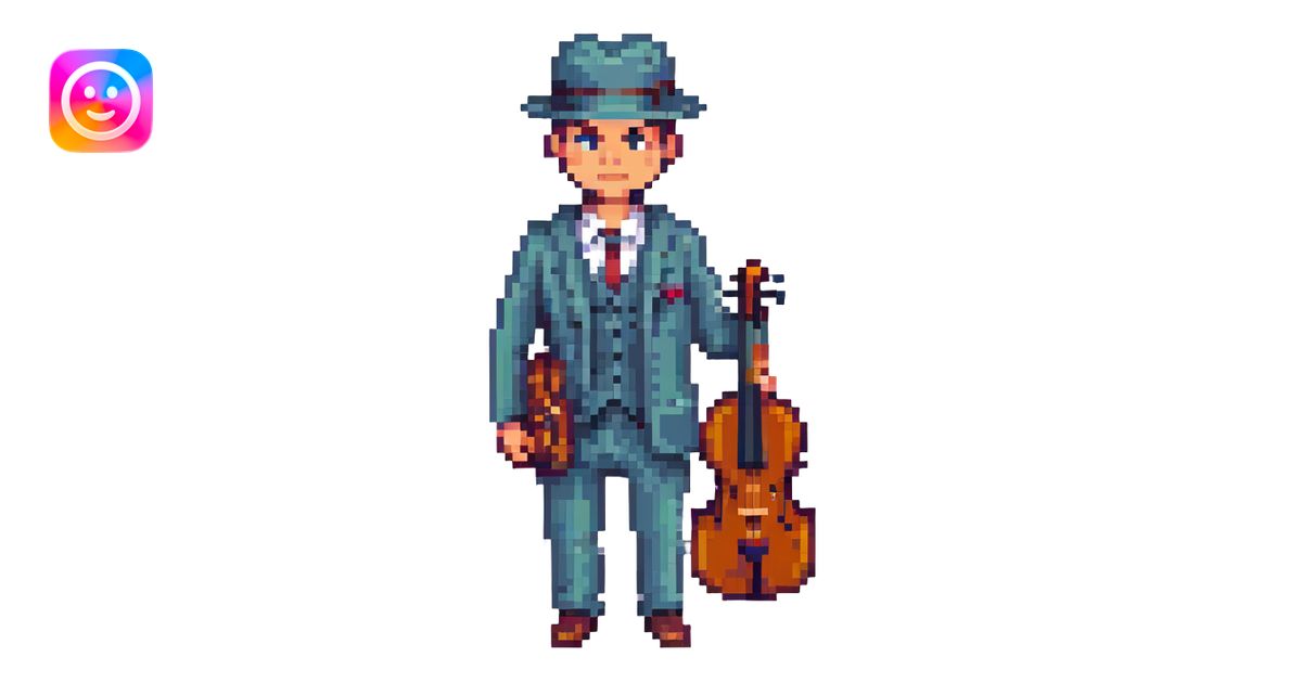 mafia guy with a violin case, sly expression, pixel art style ...