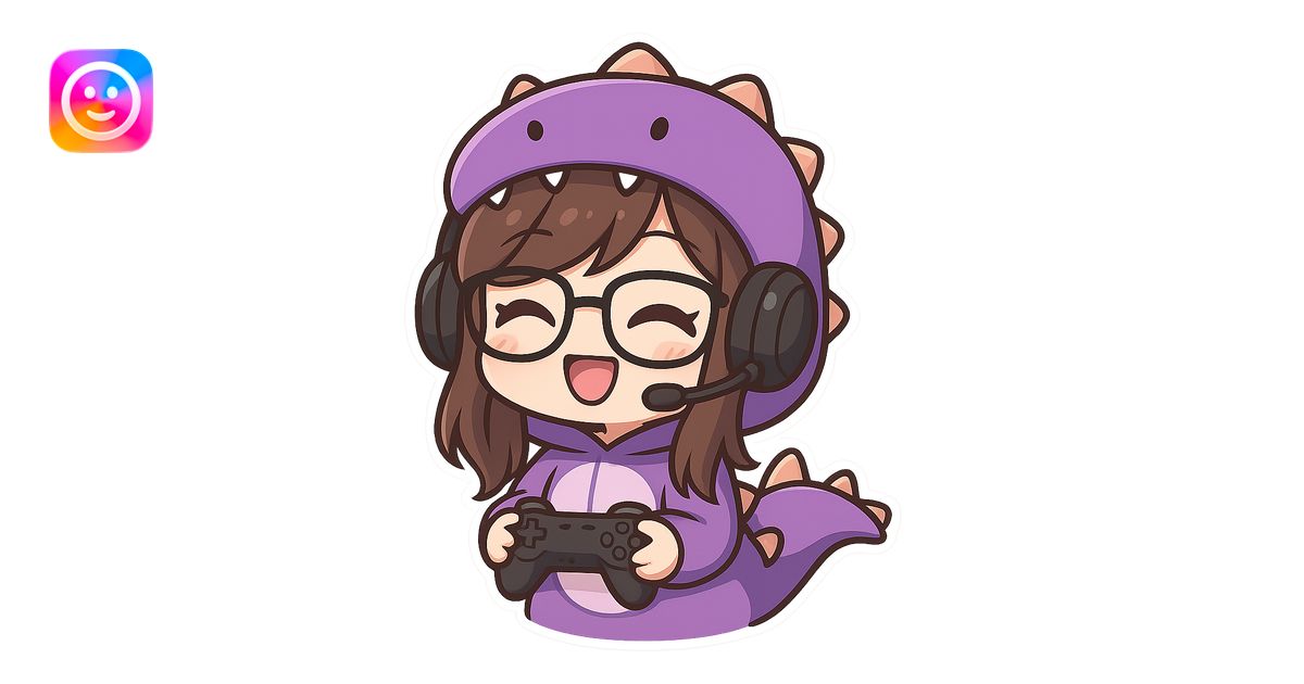 chibi anime style gamer girl with glasses, brown hair, dark purple eyes ...