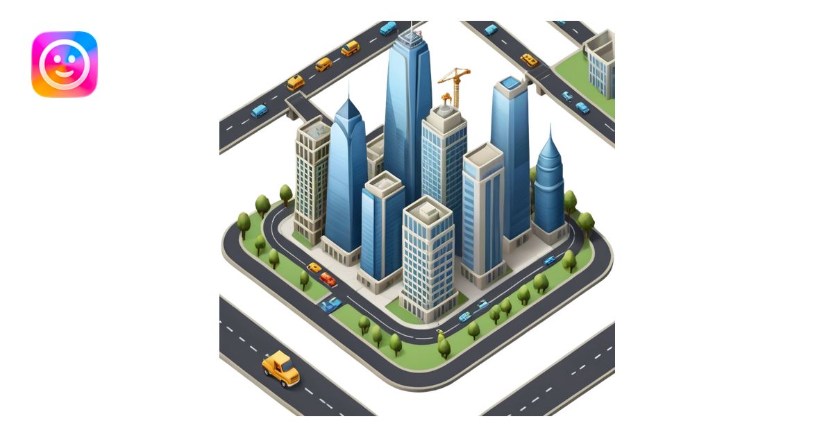 An icon showing a city-building game interface, inspired by Sim City ...