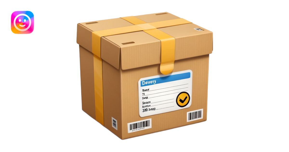 cardboard delivery box with a shipping label and tape. Rounded, glossy ...