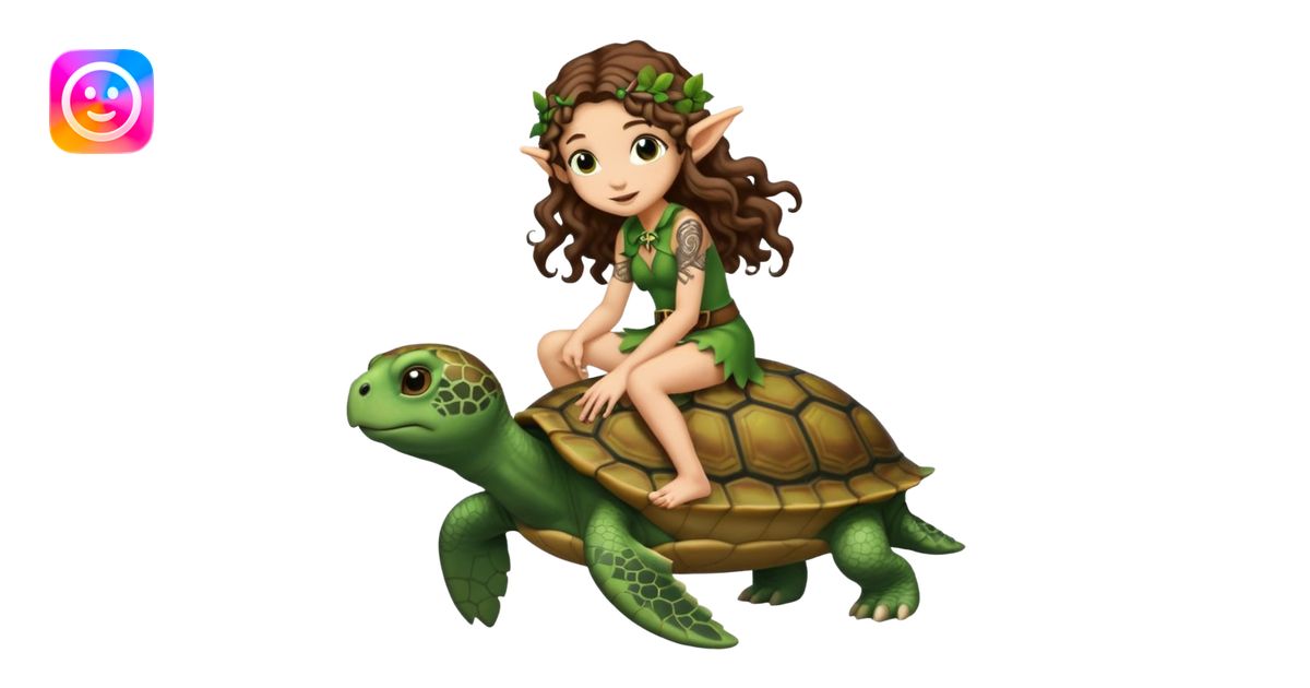 tiny forest elf long curly brown hair tattoos riding turtle emoji | AI ...